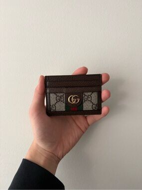 Gucci Brown GG Supreme Card Holder with Green-Red Stripe